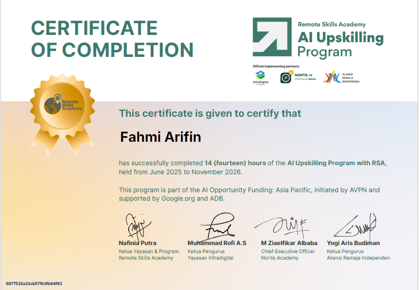 Lihat Sertifikat AI Upskilling Program dalam ukuran penuh